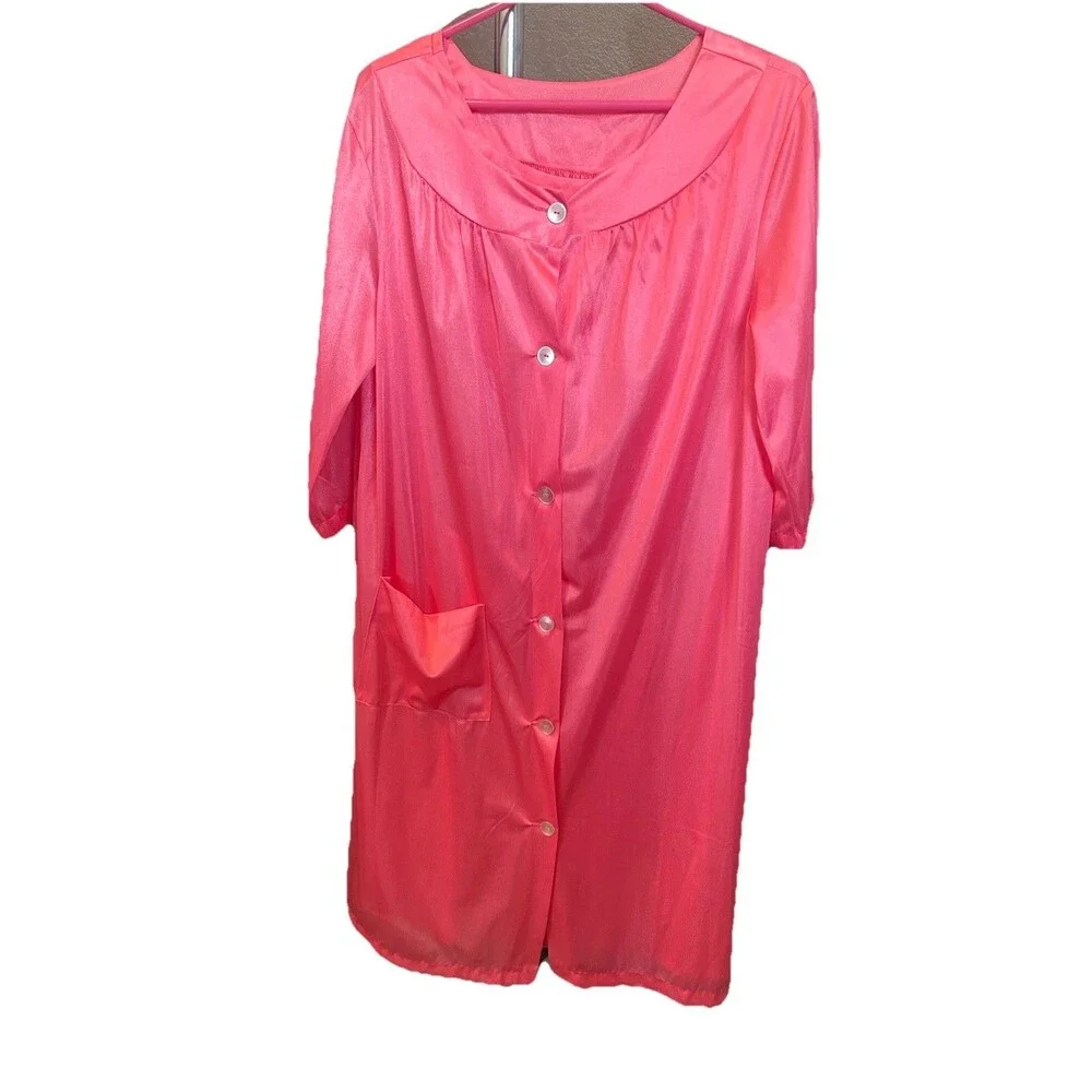 Vintage Coral Pink Robe & Gown Set Button Front 2 Pc USA Pocket L Nylon